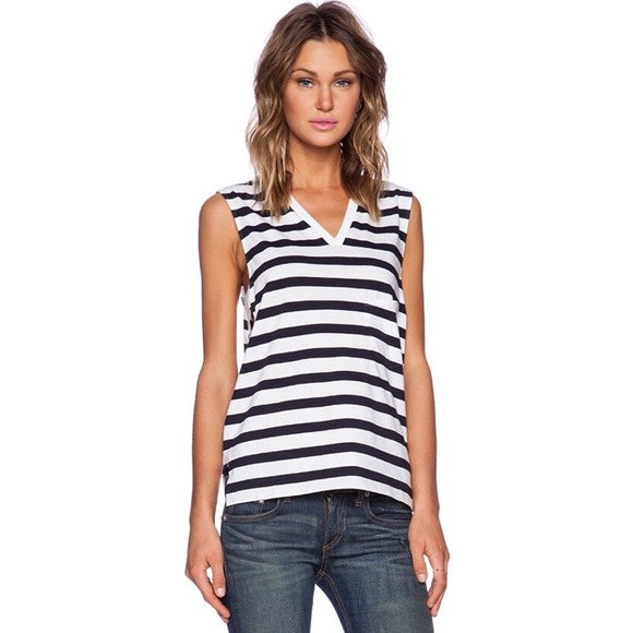 Theory Black & White Striped Top Sz S | Sleeveless V-Neck Preppy Luxury Blouse - Picture 1 of 7